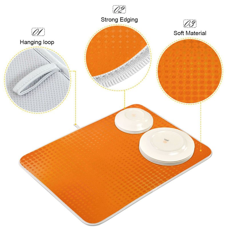 Kigai Orange Dotted Line Dish Drying Mat, Microfiber Absorbent Drying
