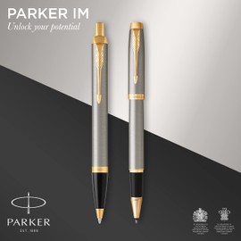 Parker IM Duo Gift Set with Ballpoint Pen & Rollerball Pen, Brushed Metal with Gold Trim, Black Ink Refill & Cartridge, Gift Box