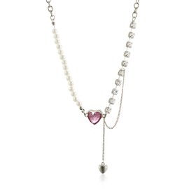 IDOKAWA Paperclip Chain Link Necklace for Women, Heart Zircon Pendant Pearl Necklace, Unique Trendy Jewelry Gifts for Girlfriend