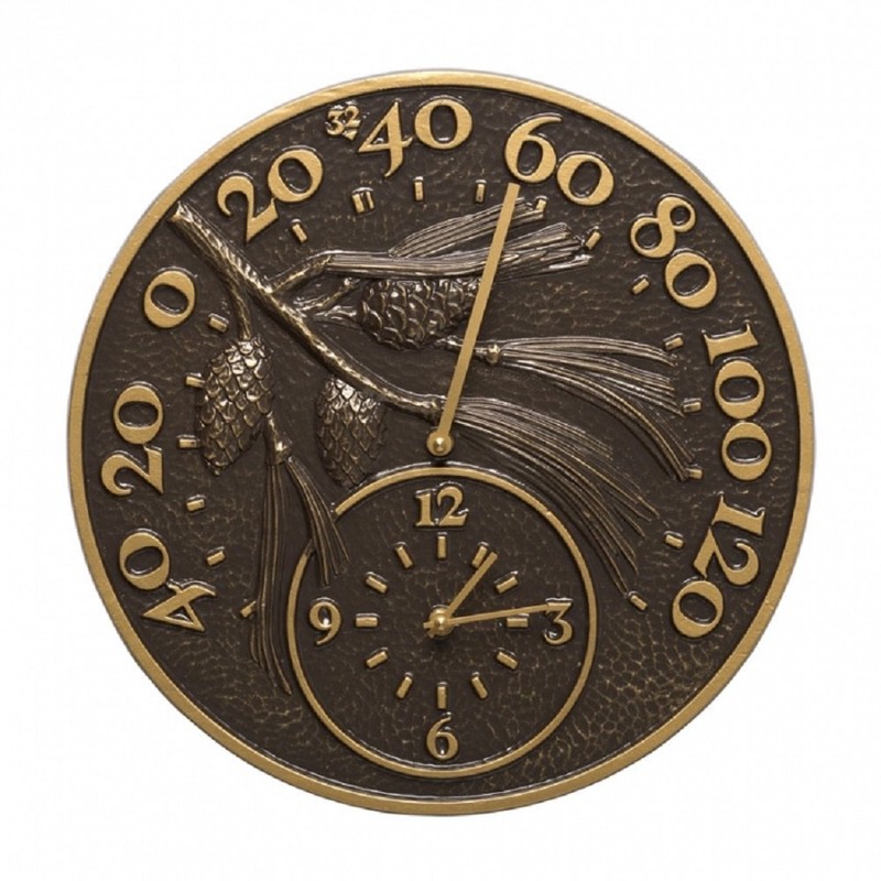 Whitehall Products 01789 Pinecone Thermometer Clock Combo