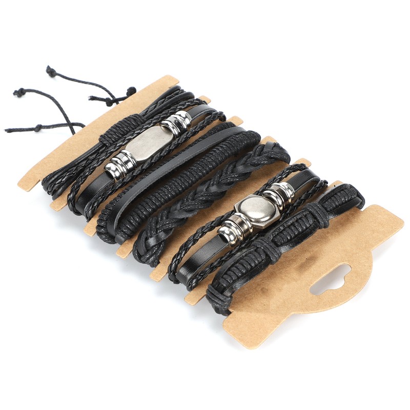 2Sets Adjustable Braided Bracelet Metal Inlaid Wristband Retro Style Cuff