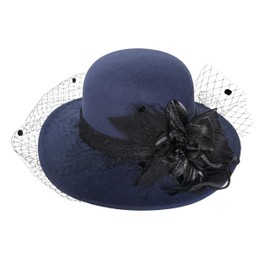 BUDUBIBI Woolen Fedora Hats for Women, Classic Flower Wide Brim Bowler Felt Top Hat with Veil Winter Church Derby Party Cap(Navy Blue)