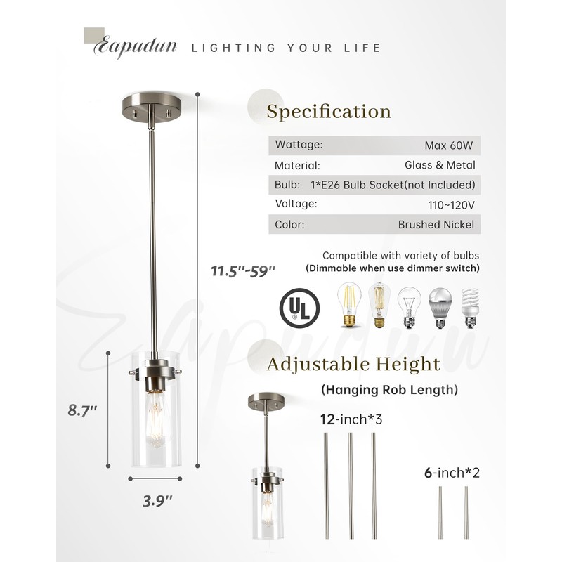 EAPUDUN Pendant Light (2 Packs), Kitchen Lights Ceiling Hanging, Kitchen