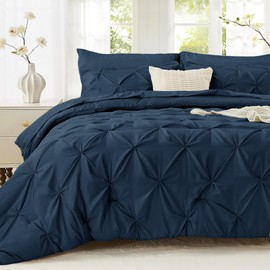 Sasttie Queen Comforter Set, 7-Piece Bed in a Bag, Pintuck Bedding Sets for All Season, Includes Comforter, Flat Sheet, Fitted Sheet, Pillowcases and Pillowshams, Navy