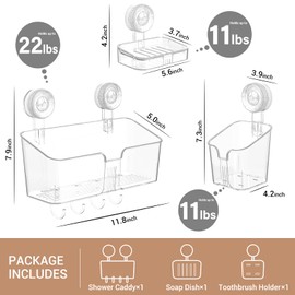 Shower Caddy Suction Cup 3 Packs Clear White - Shower Shelf+Soap Dish+Toothbrush Holder - 1 Second Installation NO-Drilling Removable Powerful Waterproof Shower Organizer for inside Shower Bathroom