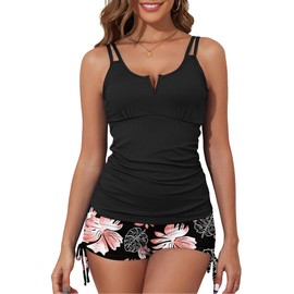 Bsubseach Womens Tankini 2 Piece Bathing Suits Tummy Control Swimsuits Tops with Boy Swim Shorts Printed M