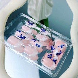 French Tip Press on Nails Short Almond Fake Nails Blue Flower Design Spring & Summer French Nails Press on Floral Designer Reusable Acrylic Nails 24 Pcs,Manicure Fingernails Daily Wear Nails for Women