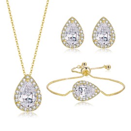 Ever Faith Wedding Teardrop Cubic Zirconia Jewelry Set for Bride Bridesmaid, Sparkly Pendant Necklace Earrings Link Bracelet Set for Women Party Clear Gold-Tone