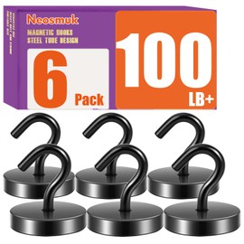 Neosmuk Black Magnetic Hooks, 100 lb+ Heavy Duty Earth Magnets with Hook for Refrigerator, Extra Strong Cruise Hook for Hanging, Magnetic Hanger for Curtain, Grill (Black, Pack of 6)