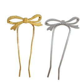 Vaguelly U Shaped Hairpins for Women 2 Pcs Metal Bow Hair Accessories Non-Slip Hair Sticks for Updos and Buns for Daily Wear
