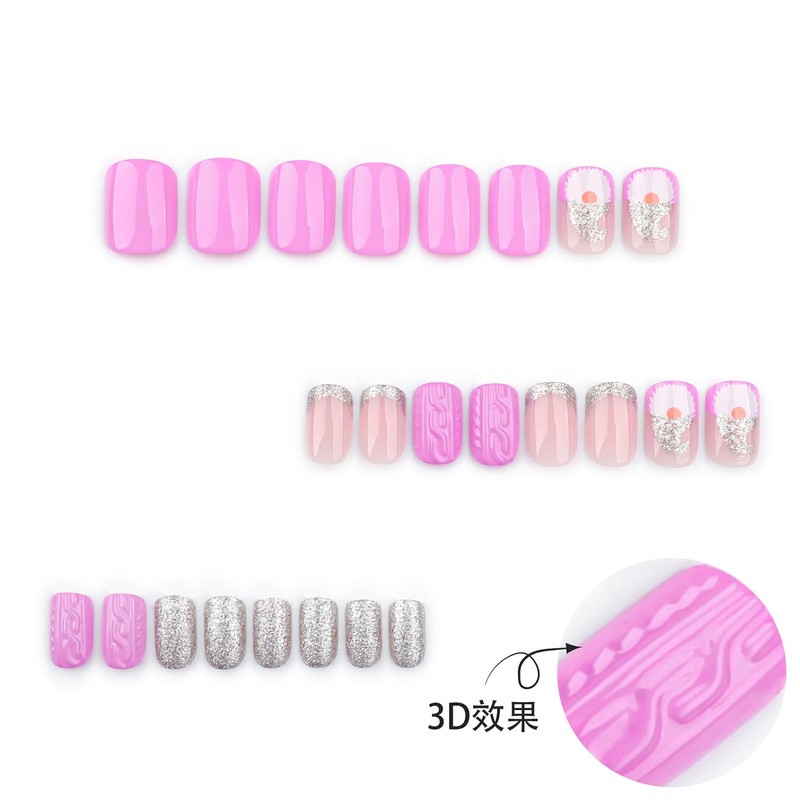 Christmas Pink Press on Nails Short Square Winter Silver Glitter