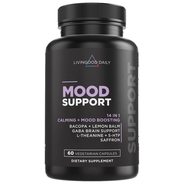 Livingood Daily Mood Support - Natural Stress Relief Supplement with 5 HTP, Bacopa, Magnesium, Lemon Balm, GABA, L-theanine, & Melatonin - Brain, Focus, and Mood Boost - Non-GMO, Vegan, 60 Capsules
