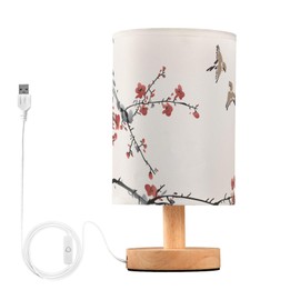 Oarencol Bedside Table Lamp Japanese Cherry Blossom Nightstand Lamp with Wood Wintersweet Bird Vinter Floral Desk Lamps for Bedroom Living Room Nursery Office Home Decor