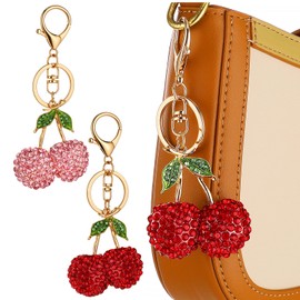 Quilax 2 Pcs Rhinestone Cherry Keychain, Cute Bag Charms Accessories for Women Girl, Sparkling Fruit Key Chain Purse Charms for Handbags(Pink Red)