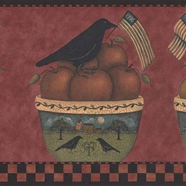 CONCORD WALLCOVERINGS ™ Classic Patriotic Wallpaper Border Featuring Birds with American Flags, Fruits and Country Style Ceramics, Colors Red Black Green White, Size 9 Inches by 15 Feet HF8519B