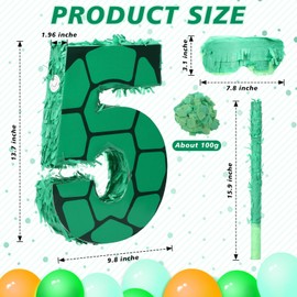 Gemscream Number 5 Cartoon Turtle Theme Piñata Set 13.7 x 9.8 x 1.9 Inch Green Turtle Piñata with Blindfold Stick and Confetti for Kids Boys Girls Animal Birthday Decoration Supplies Game Props