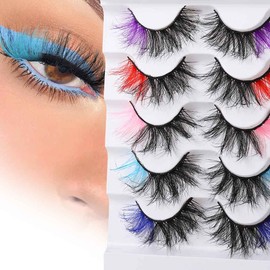 Uranian Colored False Eyelashes Colorful Fluffy Faux Mink Lashes Dramatic Fake Eyelashes with Color 5D Curl Strip Long Lashes Volume Eye Lashes for Women and Girls (5 Pairs)