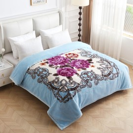 JYK Korean Mink Fleece Blanket King Size 83'' x 91'', 5.7 Pounds - 2 Ply Reversible Silky Soft Plush Warm, Comfy Bed Blanket, Luxurious Blanket for All Seasons - Blue/Purple Peony