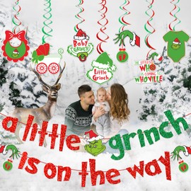 A Little Christmas is On The Way Banner Green Monster Baby Shower Decorations Green Monster Baby Shower Banner for Christmas Green Monster Baby Shower Party Supplies