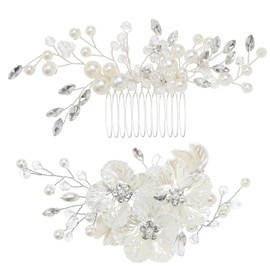 ECSiNG 2Pcs Pearl White Petal Hair Clips White Crystal Hair Combs Rhinestone Flower Hair Clips Head Pieces Decorative Accessories for Lady Girls Women