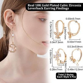Beebeecraft Pack of 8 French Hook Earrings in 2 Styles, 18 Carat Gold-Plated French Earring Hooks with Loop and Bow, Butterfly Cubic Zirconia, Dangling Ear Wire for Jewellery Making