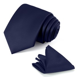 JUNMEISI Navy Blue Tie Set in Gift Box Mens Solid Color 3.15" (8CM) Navy Blue Necktie and Pocket Square Set