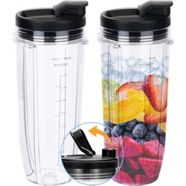 Replacement Blender Cup 32oz with Sip & Seal Lid For Nutri Ninja BL450 BL456 BL480 BL482 BL640 BL642 BL682 BN401 BN751 BN801 Foodi SS101 SS151 SS351 SS401 SS400 Ninja Auto IQ Blade, 2-Pack (32OZ)