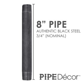 Pipe Decor 3/4” x 8” Malleable Cast Iron Pipe, Pre Cut, Industrial Steel Grey Fits Standard Three Quarter Inch Black Threaded Pipes Nipples and Fittings, Build Vintage DIY Furniture, 4 Pack