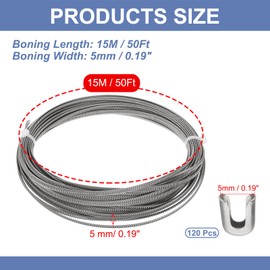 PATIKIL 50Ft 304 Stainless Steel Spiral Boning, Flat Metal Corset Boning with 120 pcs 5mm boning tips for Corset Lacing Costume Hoop Skirt Making Supplies, (5mm WIDE)