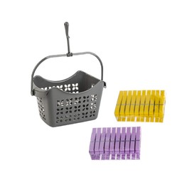 Clothes Peg Set Hanging Basket with 40 Pegs PP Plastic with Hooks for Hanging Colour Grey