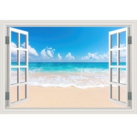 Fake Window Wall Sticker - Summer Tropical Ocean Beach Scene Faux Window Wall Mural Decal for Home Decor, Peel and Stick Wall Sticker, 48"x32",Set of 2 Sheets