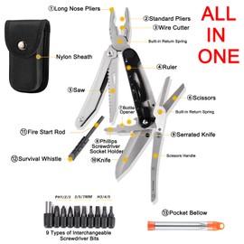 Multitool Pliers & Scissors, Cool Gifts for Men Dad Husband Him, Tactical Multi Tool Set, Camping Survival Gear and Equipment, Detachable Folding Scissor Plier, Stainless Steel with Nylon Sheath