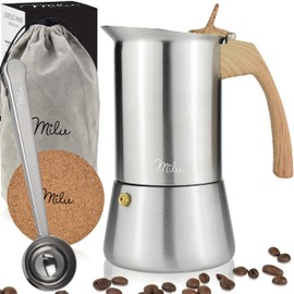 Milu Espresso Maker Suitable for Induction | 2, 4, 6, 9 Cups | Stainless Steel Mocha Pot, Espresso Pot, Espresso Maker Set Including Coaster, Spoon (Handle: Wood Look, 4 Cups (200 ml))