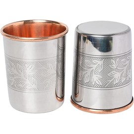 "ANCIENTIMPEX Set of 2 Stainless Steel Pure Copper Outside and Inside Etched Floral Pattern Cups for Ayurveda Health Benefits, 8.45 US Fl Oz Capacity, ANC-CT-77