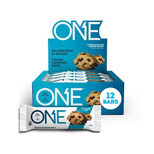 ONE Protein Bars, Chocolate Chip Cookie Dough, Gluten Free Protein Bars with 20g Protein and only 1g Sugar, Guilt-Free Snacking for High Protein Diets, 2.12 oz (12 Pack)