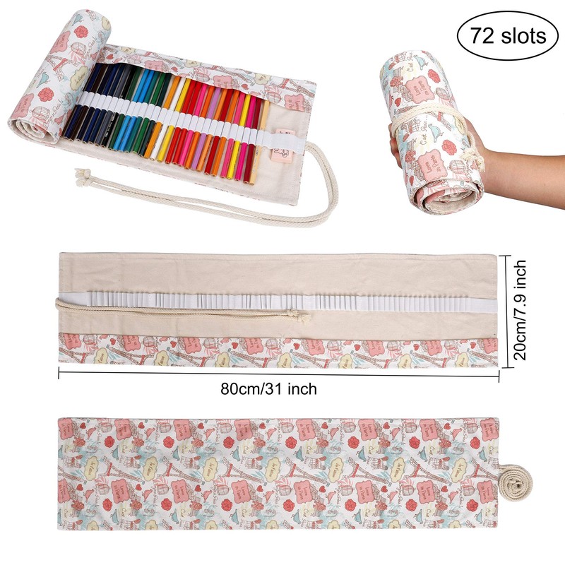 MengH-SHOP Canvas Pen Roll 72 Holes Coloured Pencils Pencil Case