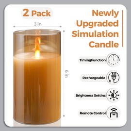 haitanghua 2 - Pack 6" Golden Rechargeable Flameless Pillar Candles with Remote & Timers，USB-Rechargeable Realistic Flickering Candles Real Wax - Ideal for Wedding & Festival Home Decoration