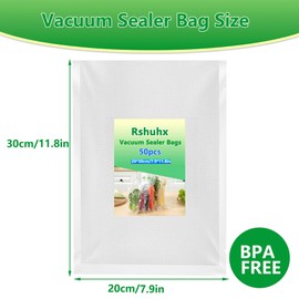 Rshuhx Vacuum Bags 20 x 30 cm 50 Bags 200 µm Vacuum Bags for Food for All Vacuum Sealer and Sous Vide Suitable Freezer Bags BPA-Free for Meat Vegetarian Fridge Household Kitchen