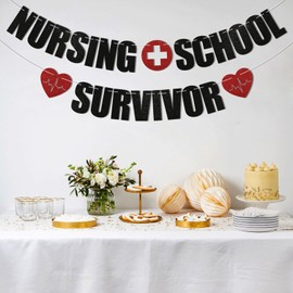 Nursing School Survivor Banner - Med School Graduation Decorations, Congrats Nurse Bunting Sign, Nurse/Doctor Graduation Party Decorations Black Glitter