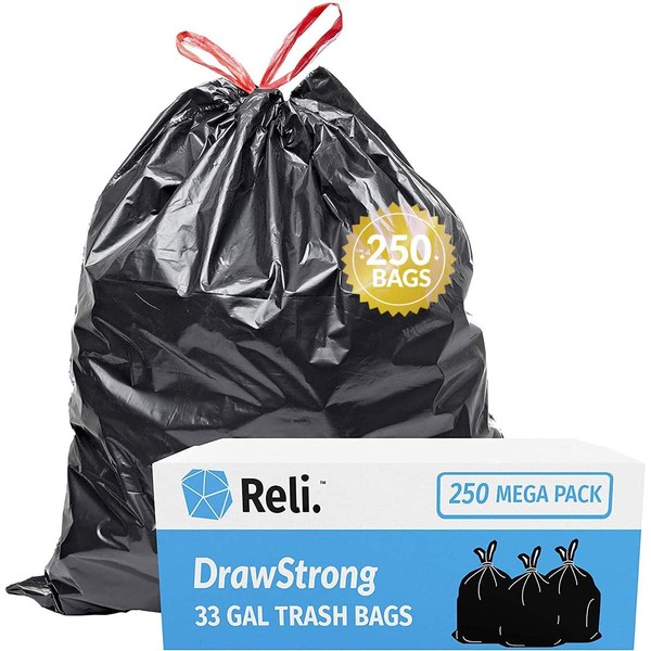 Reli. 30 Gallon Trash Bags Drawstring | 250 Count Bulk | Black | 30-32 Gallon Garbage Bags Heavy Duty | Large 30 Gal | Multipurpose