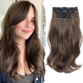 Peonymebeauty Brown Hair Extensions, 4PCS Clip in Hair Extension Body Wavy Seamless Natural Soft Lace Weft 20 Inch Synthetic Hairpieces for Women Girls Smooth&Silky Effortless Styling