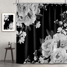 Sonbraux Black and White Shower Curtains for Bathroom Floral Grey Flower Dark Wet Room Shower Curtain, Washable, Waterproof, Cloth Fabric, 180 x 240 cm