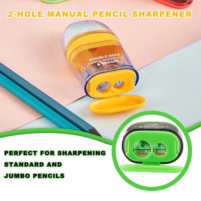 Pencil Sharpener with Eraser, 4 Pack,2 Sharpening Holes, Colorful Manual