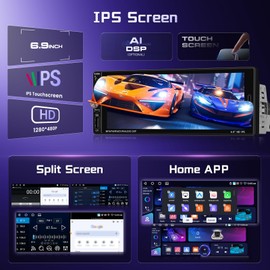 [ 2G 64G] Single Din Android Car Stereo Wireless Carplay Android Auto, 6.9 Inch Touch Screen Car Radio with GPS Navigation WiFi Bluetooth 1 Din FM/RDS Audio Receiver, Type-C/USB, AHD Backup Camera