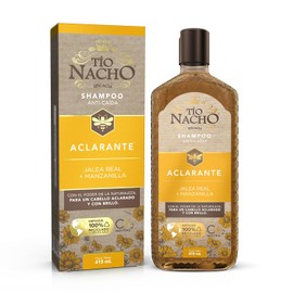 TIO NACHO - Shampoo Aclarante. Fortalece y aclara la fibra capilar, con jalea real y extractos de manzanilla, bardana, romero y aloe vera. Empaque 100% reciclado, botella con 415ml