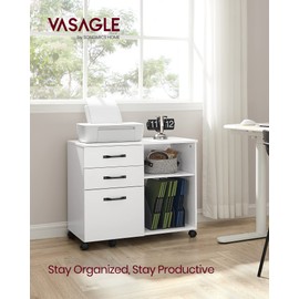 VASAGLE Lateral File Cabinet, Home Office Printer Stand, with 3 Drawers and Open Storage Shelves, for A4, Letter-Size Documents, White, 15.7”D x 31.5”W x 26”H