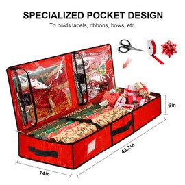 HikooLSS Wrapping Paper Organizer Storage Container for Christmas Holiday Gift Bag Storage 43.2" Durable PE Underbed Storage Container with Interior Pockets Fits 24 Paper Rolls (Red)