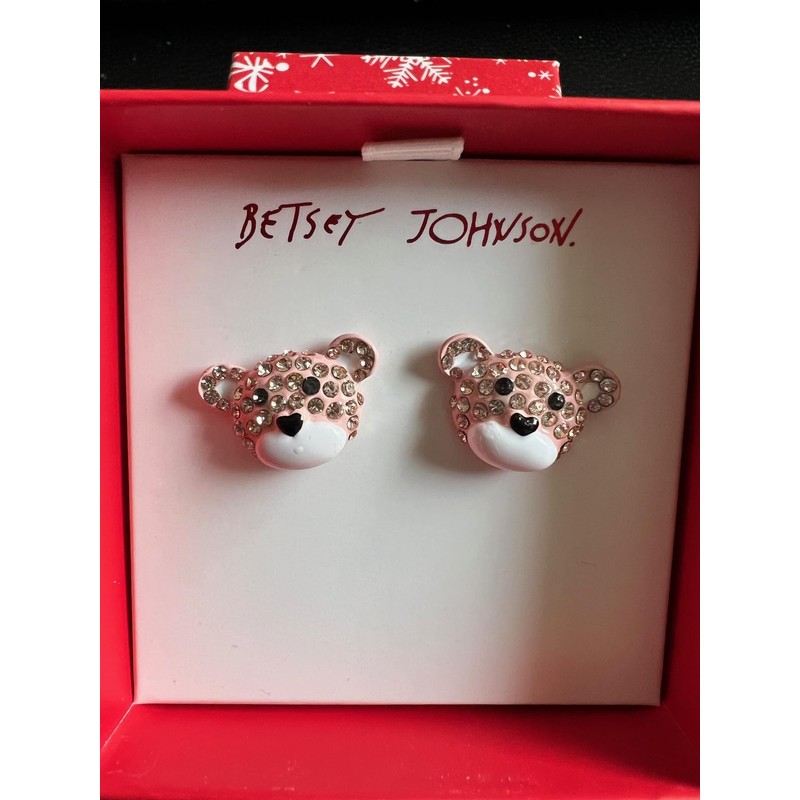 Betsey Johnson Pink Teddy Bear Stud Earrings Christmas Valentine Birthday