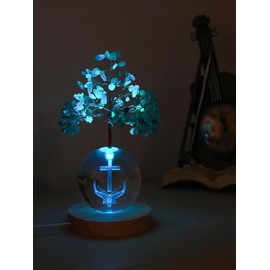 Seven Chakra Tree of Life for Spiritual Gifts, Green Decor Jesus Cross Home Decor, Remote Control Multicolor Lamp Lucky Tree with Aventurine, Gift for Christians Prayer Room Accent Father's Day.