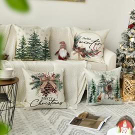 Artoid Mode Pine Trees Reindeer Christmas Cushion Covers Set of 4, 40x40 cm Winter Xmas Decorative Pillow Case Cover Sofa Living Room Decor
